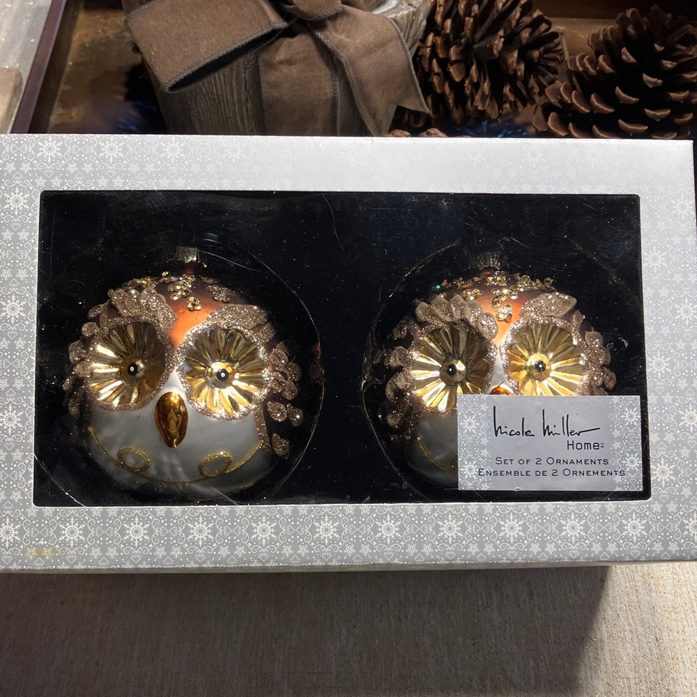 Nicole Miller Festive Owl Ornaments - Gold and Brown NEW IN BOX